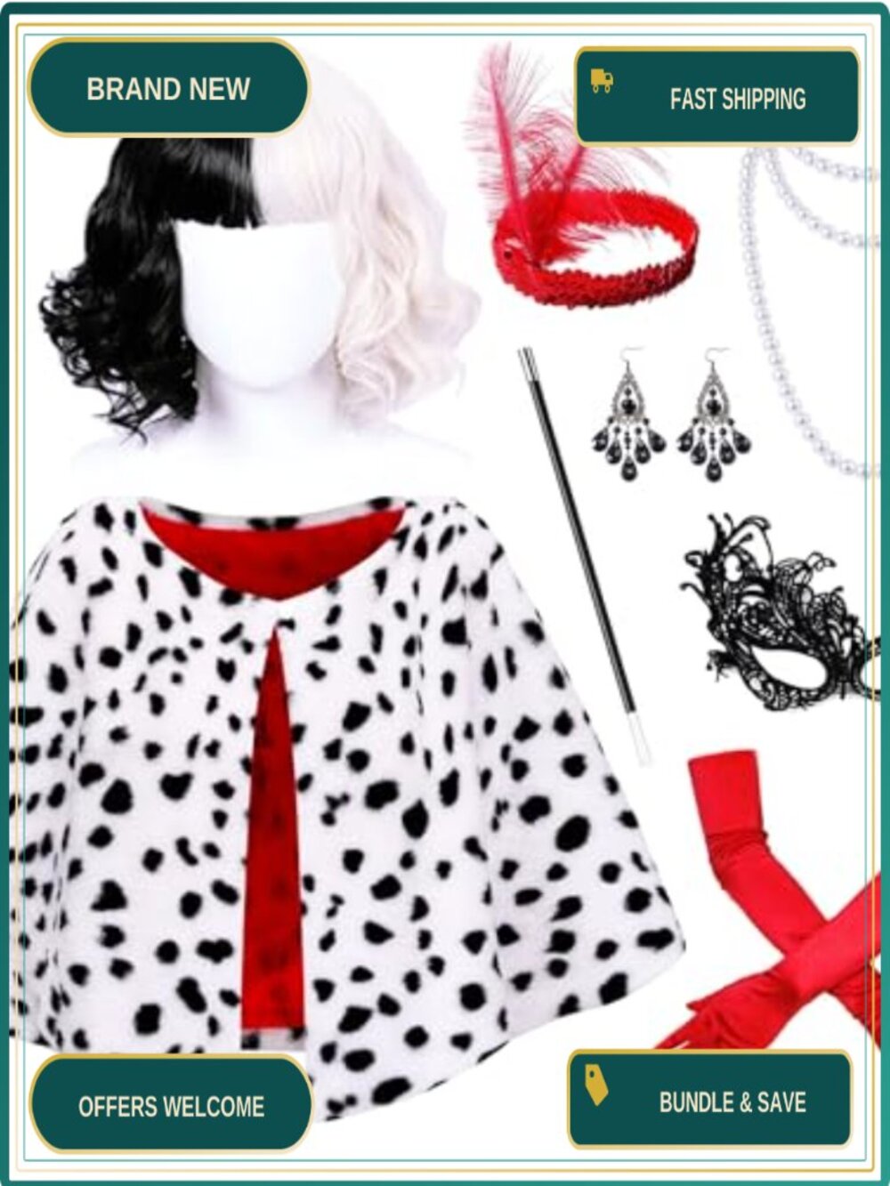 Dalmatian Costume Set Faux Fur Shawl Gloves Wig Lace Mask for Women